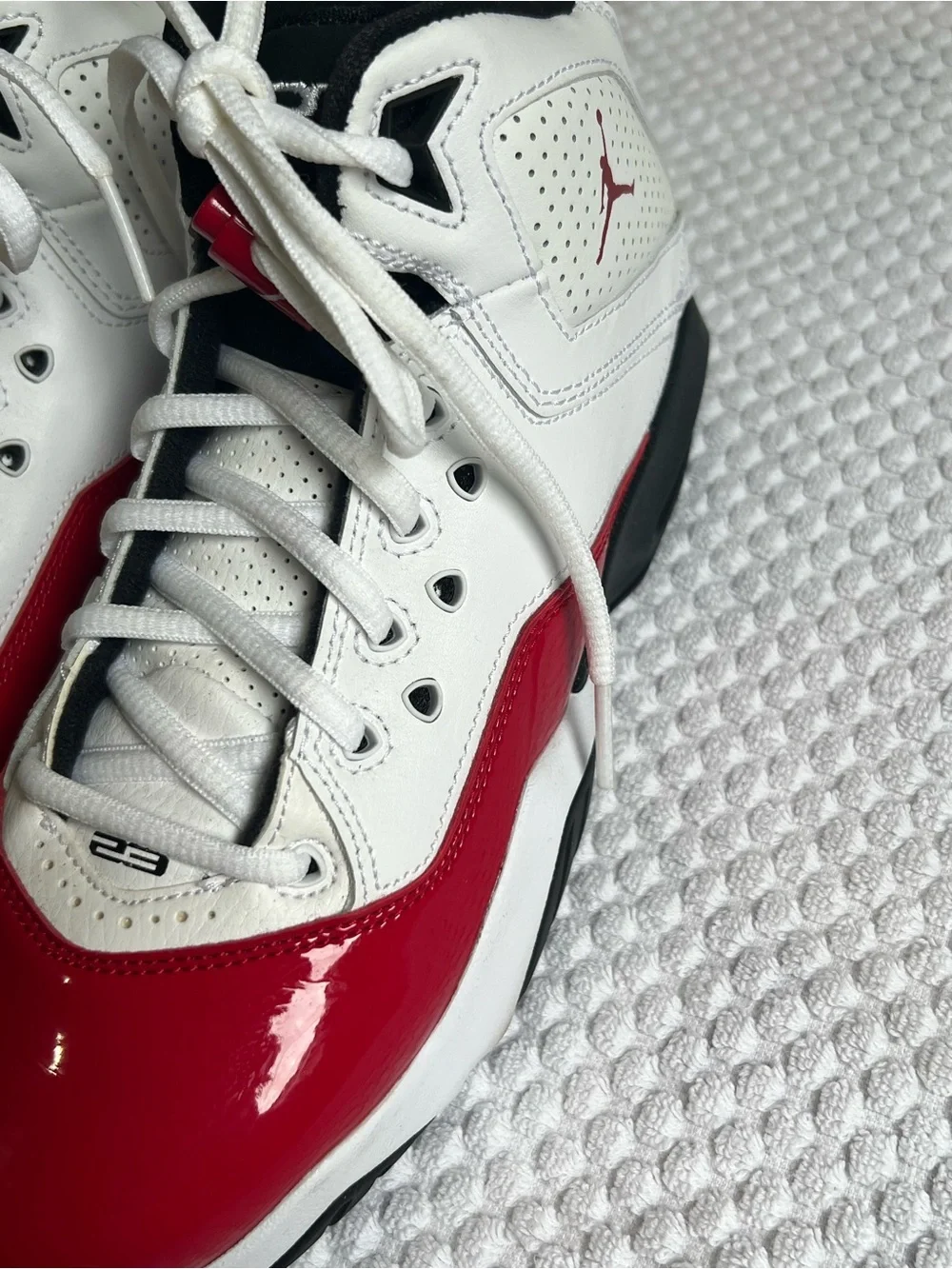 NWOT Nike Air Jordan Kids White and Red Patent Toe Sneakers